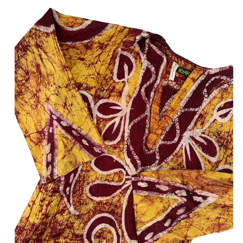 Ajanta Vintage 100% Silk 70's Batik‎ Maxi Dress Boho Kaftan India Handcrafted